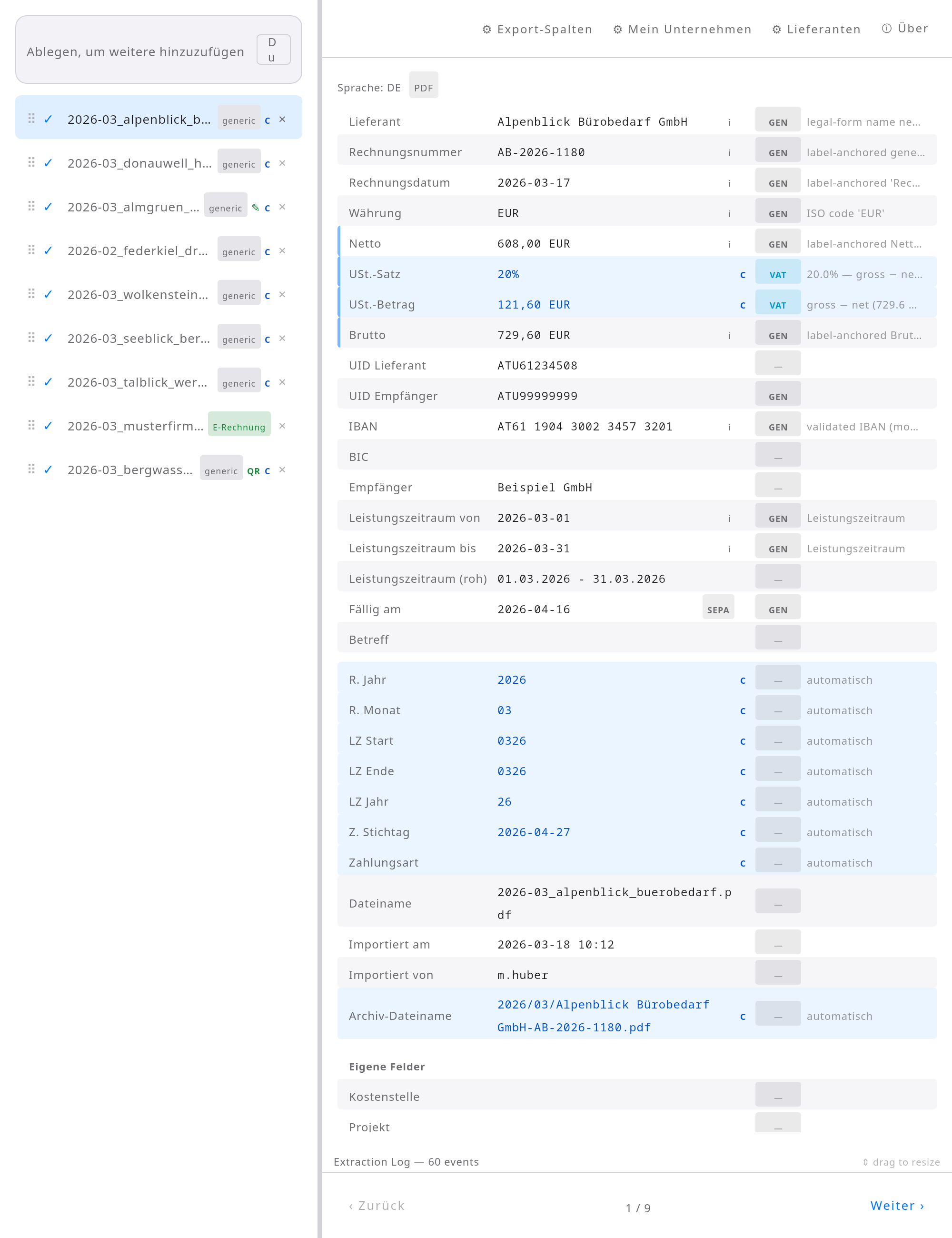 4eyes two-panel view — invoice queue and extracted fields